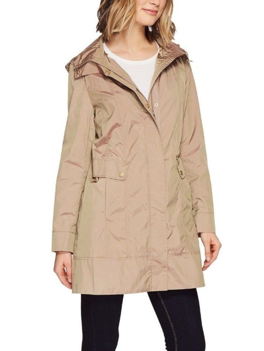 Cole Haan Signature Packable Hooded Rain Jacket with Travel Pouch Champagne sz S